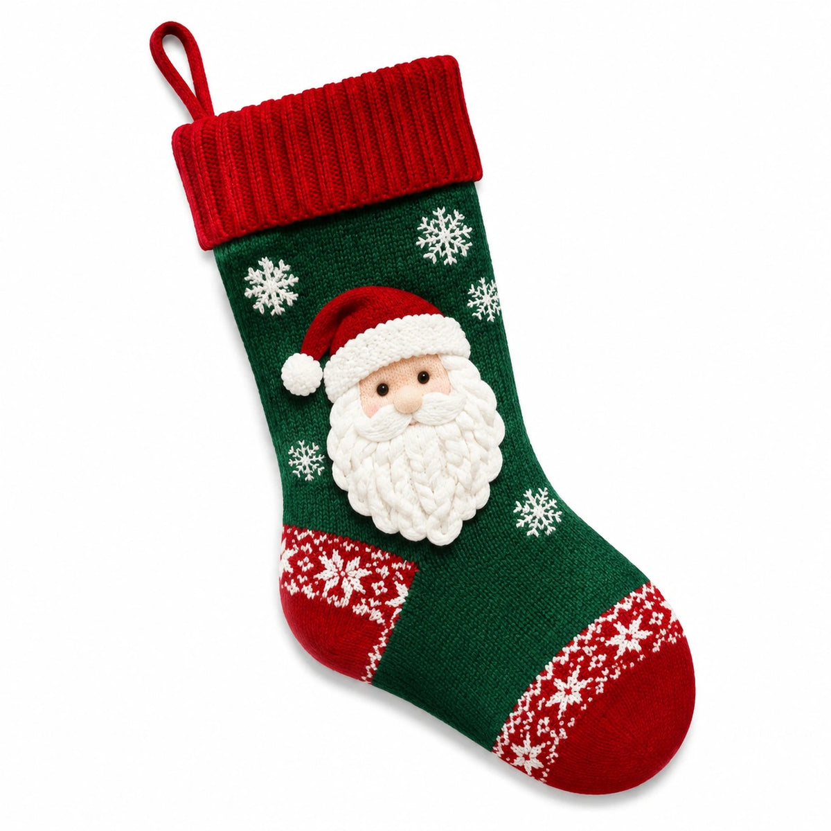 Weihnachtsstrumpf 45 cm aus Textilstrick Grün Rot mit Weihnachtsmannmotiv zum Aufhängen