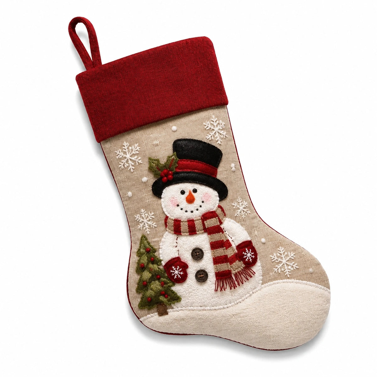 Weihnachtsstrumpf 46 cm aus Textil in Rot Beige mit Schneemannmotiv zum Aufhängen