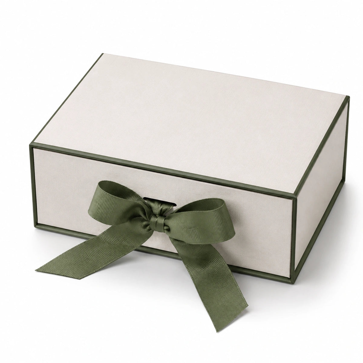 Geschenkbox 24 x 18 x 10 cm aus Karton in Creme und Olivgrün mit Schleifenverschluss