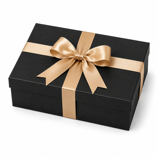 Geschenkbox 30 x 22 x 10 cm aus Karton in Schwarz/Gold mit Satinband für Geschenke - rechteckig