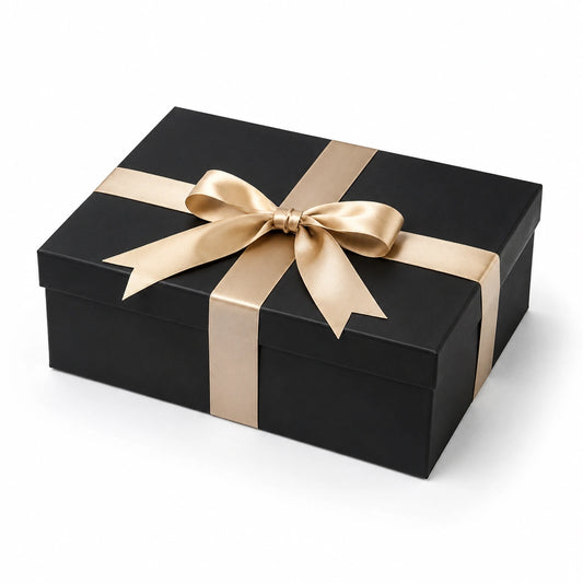 Geschenkbox 30 x 22 x 10 cm aus Karton Schwarz/Gold mit Satinband und Deckel