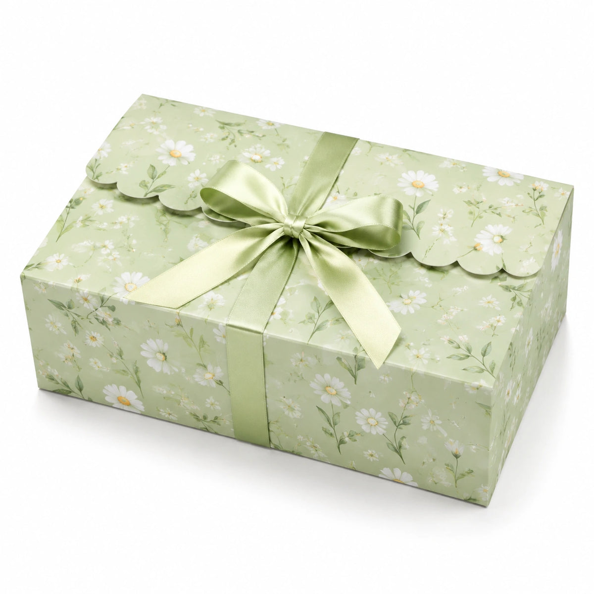 Geschenkbox 30 x 20 x 10 cm aus Karton in Hellgrün mit Blumenmuster und Schleife