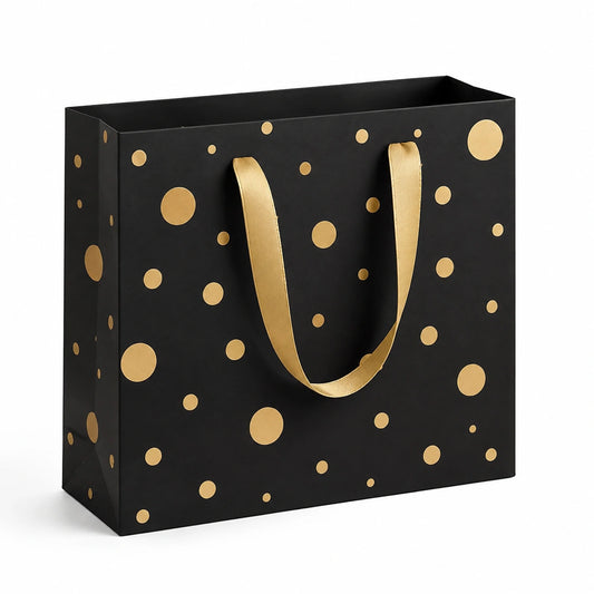 Geschenktüte 32 x 12 x 26 cm Karton Schwarz Gold mit Tragegriffen Punktdesign