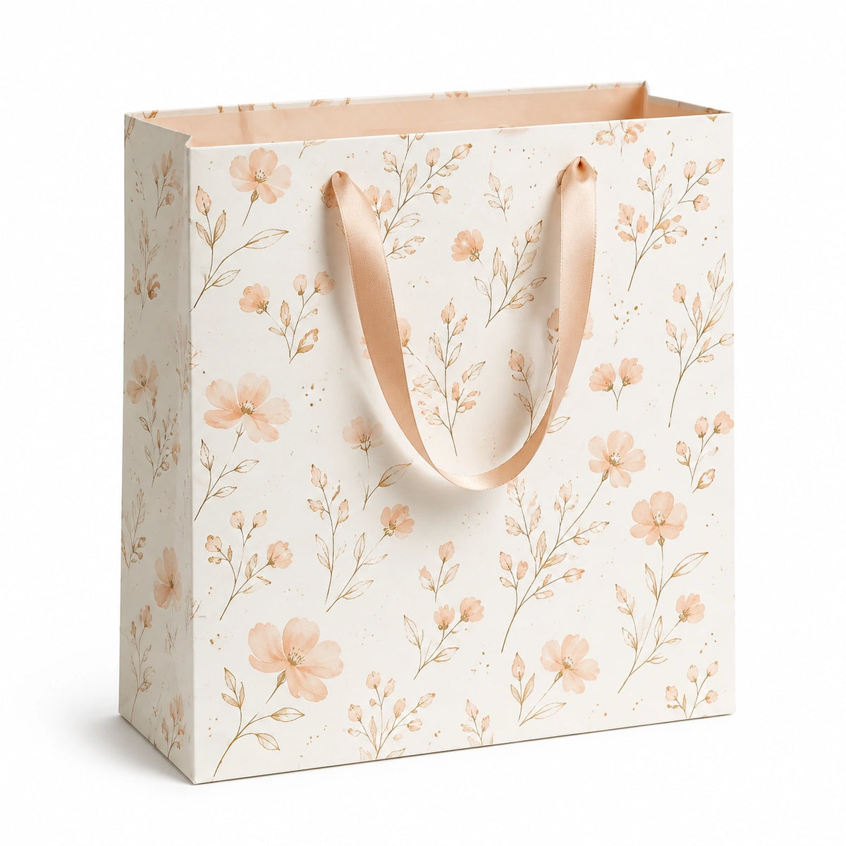 Geschenktüte 26 x 12 x 32 cm aus Papier Creme-Rosa mit Blumenmuster und Satinbändern