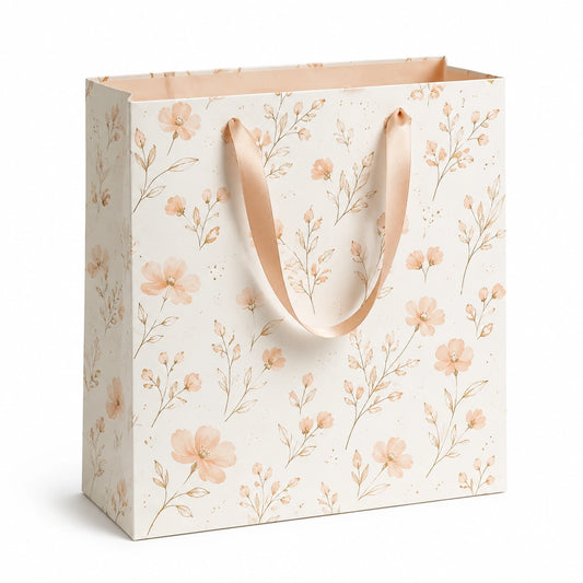 Geschenktüte 26 x 12 x 32 cm aus Papier Creme-Rosa mit Blumenmuster und Satinbändern