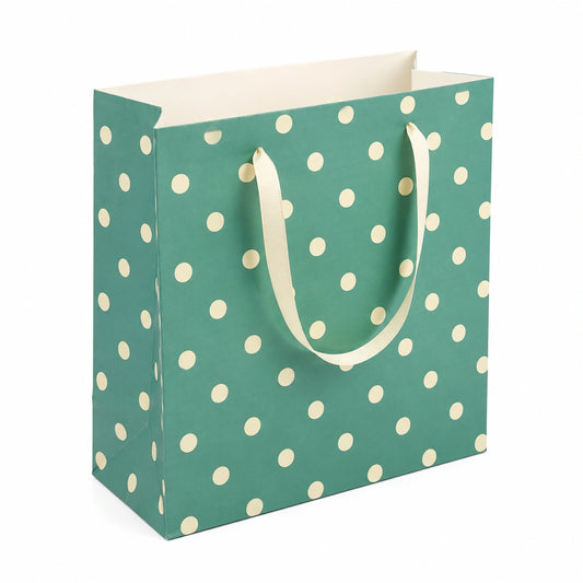 Geschenktüte 32 x 12 x 26 cm aus Papier Grün Creme gepunktet mit Tragegriffen