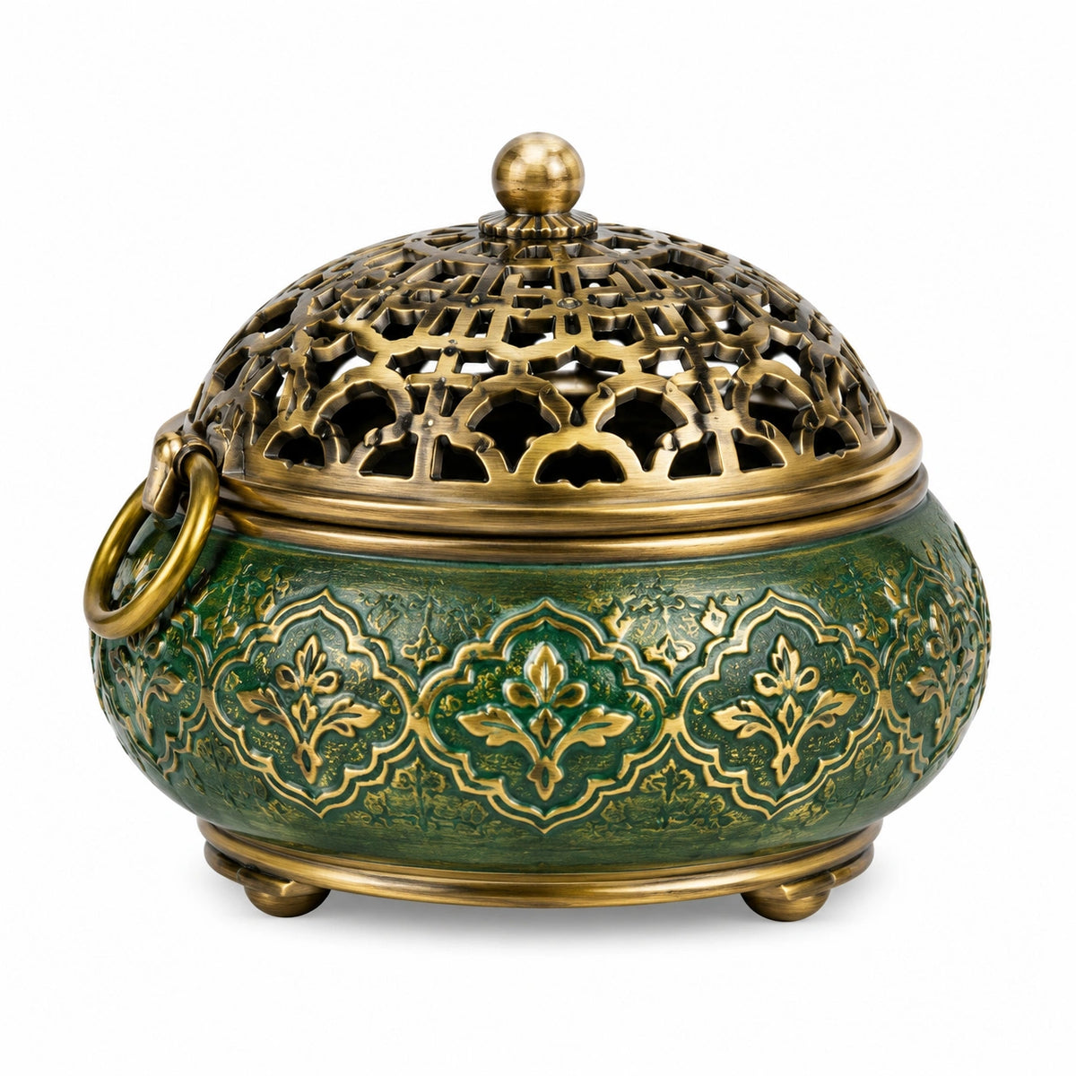 Räuchergefäß 16 cm Metall Grün Gold mit durchbrochenem Deckel dekorativ