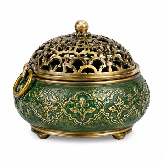 Räuchergefäß 16 cm Metall Grün Gold mit durchbrochenem Deckel dekorativ