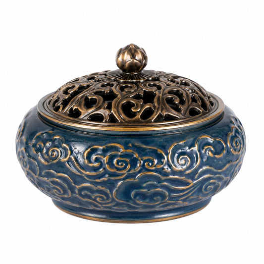 Räuchergefäß 18 x 13 cm Keramik dunkelblau mit durchbrochenem Deckel im Ornamentstil