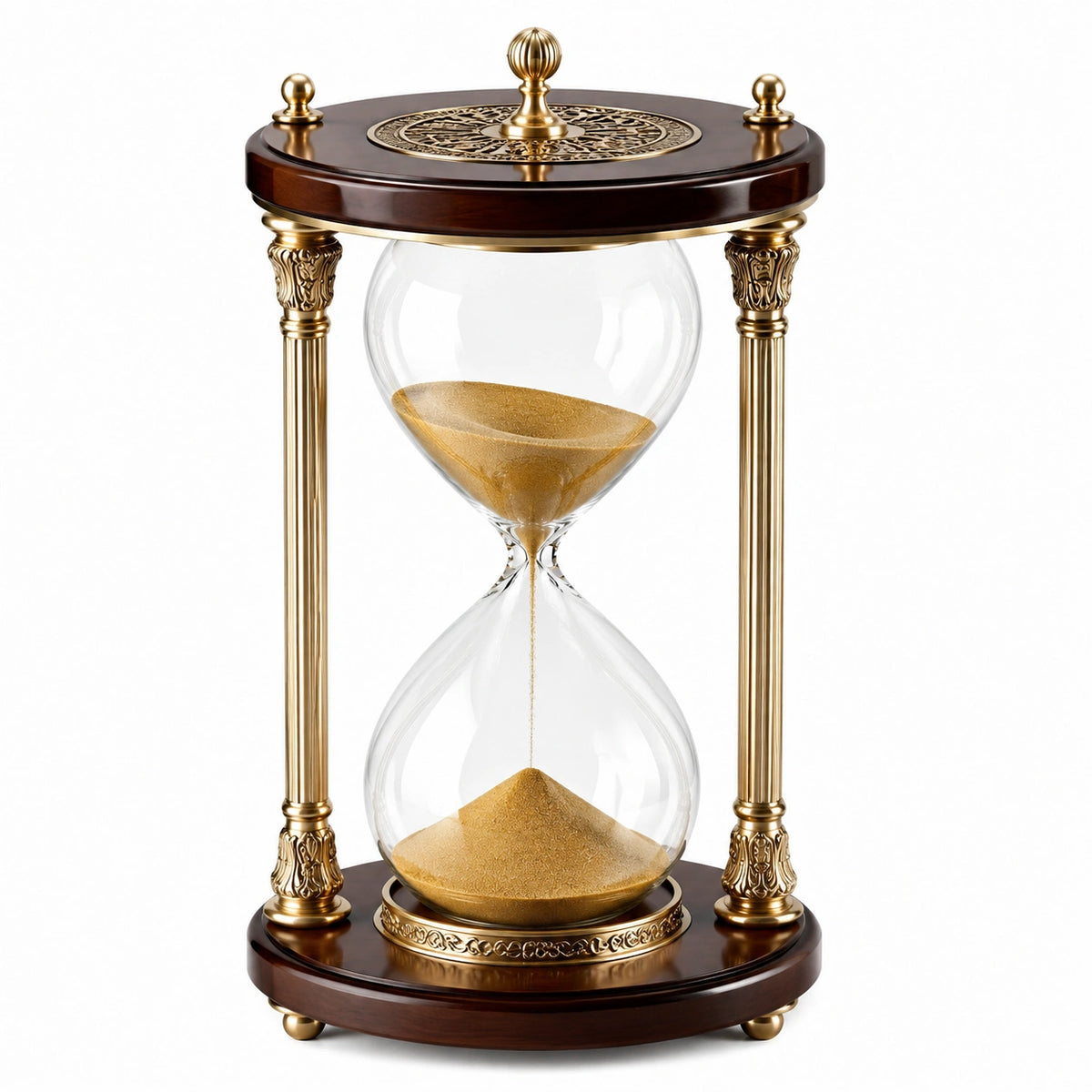Sanduhr Ø 18 cm Höhe 35 cm aus Glas Holz und Metall in Braun Gold dekorativ