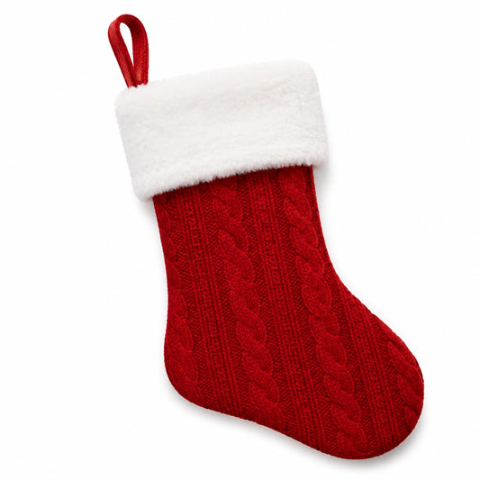 Weihnachtsstrumpf 45 cm aus Strickstoff in Rot Weiß mit Zopfmuster und Aufhängeschlaufe