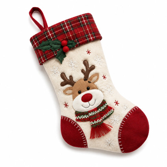 Weihnachtsstrumpf 45 cm aus Textilfilz in Rot Beige mit Rentiermotiv zum Aufhängen
