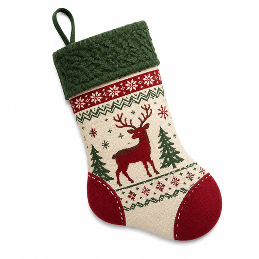 Weihnachtsstrumpf 45 cm Textil Beige Rot Grün mit Rentiermotiv zum Aufhängen