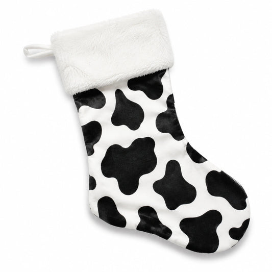Weihnachtsstrumpf 45 cm aus Textil in Weiß Schwarz mit Kuhmuster und Plüschbesatz