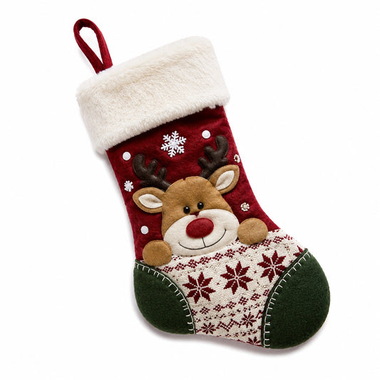 Weihnachtsstrumpf 45 x 28 cm aus Textil Rot Grün mit Rentiermotiv zum Aufhängen